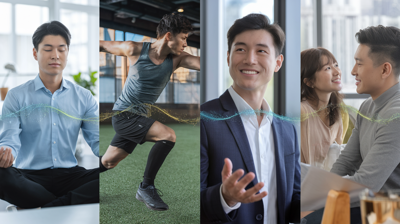 Create a realistic image of a split-screen visual showing the same person (Asian male) in different life scenarios - meditating peacefully in a bright office, excelling at a sport with focused determination, giving a presentation confidently in a professional setting, and connecting meaningfully with family - with a subtle blue-gold energy wave connecting all scenes, symbolizing enhanced mental performance flowing through multiple life areas.