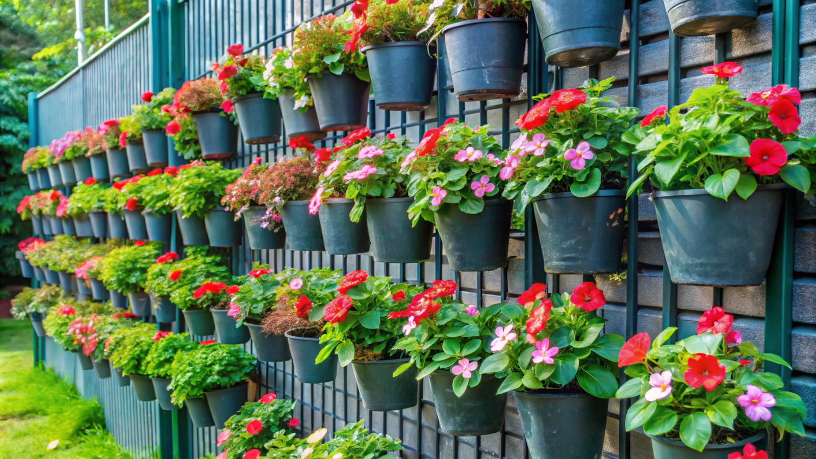 Jardim vertical com vasos de Sunpatiens flor floridas, capturadas com luz indireta para destacar a textura das flores