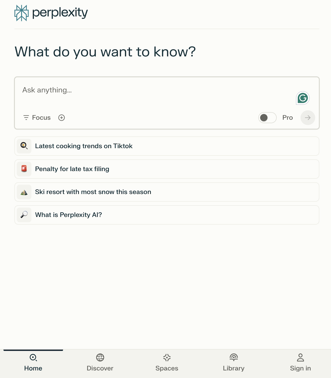 Screenshot of Perplexity AI's main interface with search and conversation features