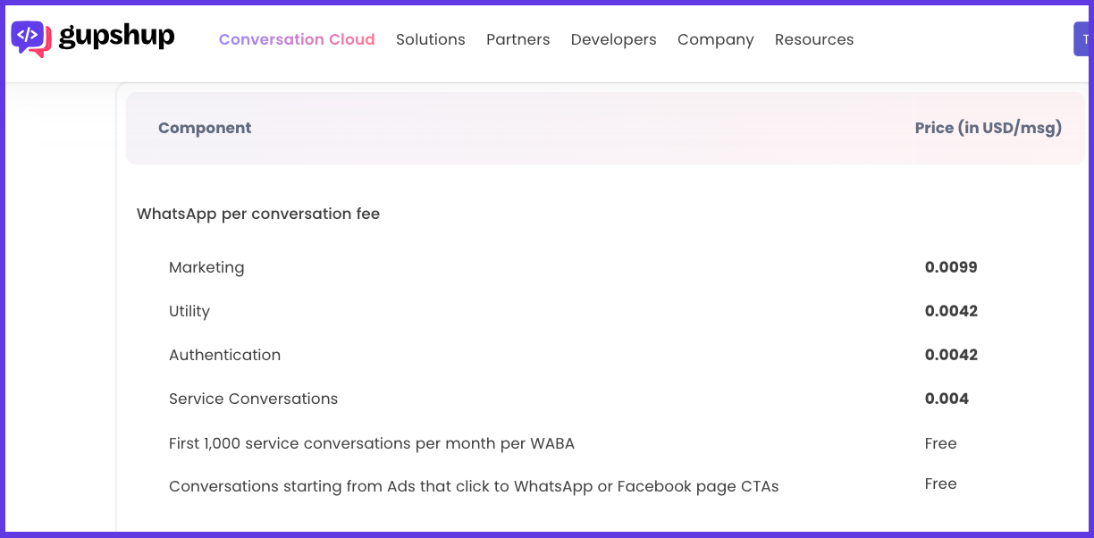 gupshup chatbot service pricing page