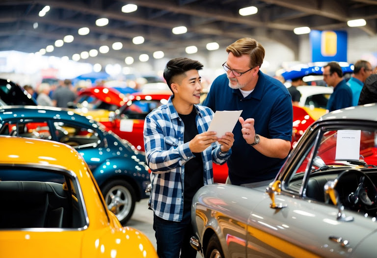 A young car enthusiast surrounded by vintage and modern cars, eagerly absorbing knowledge from a mentor at a bustling car show