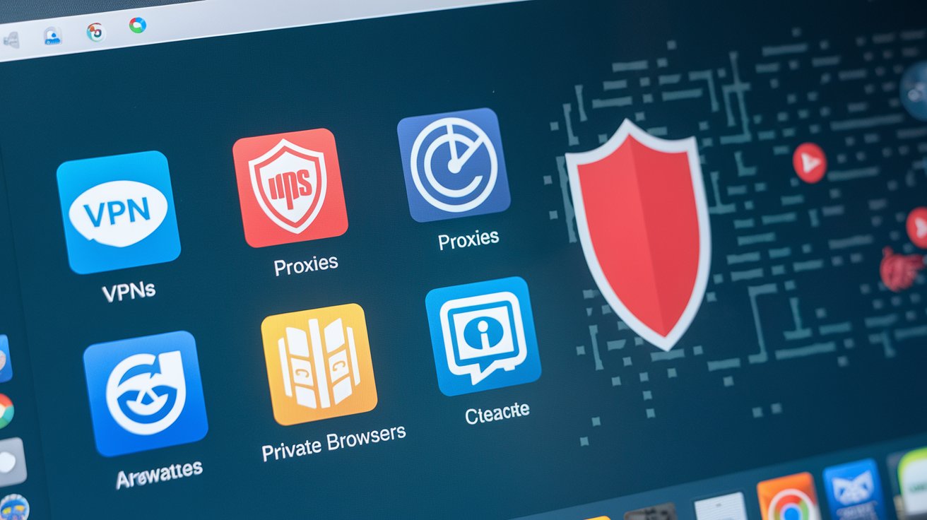 Icons of VPNs, proxies, and private browsers with a shield, illustrating tools for anonymous browsing.