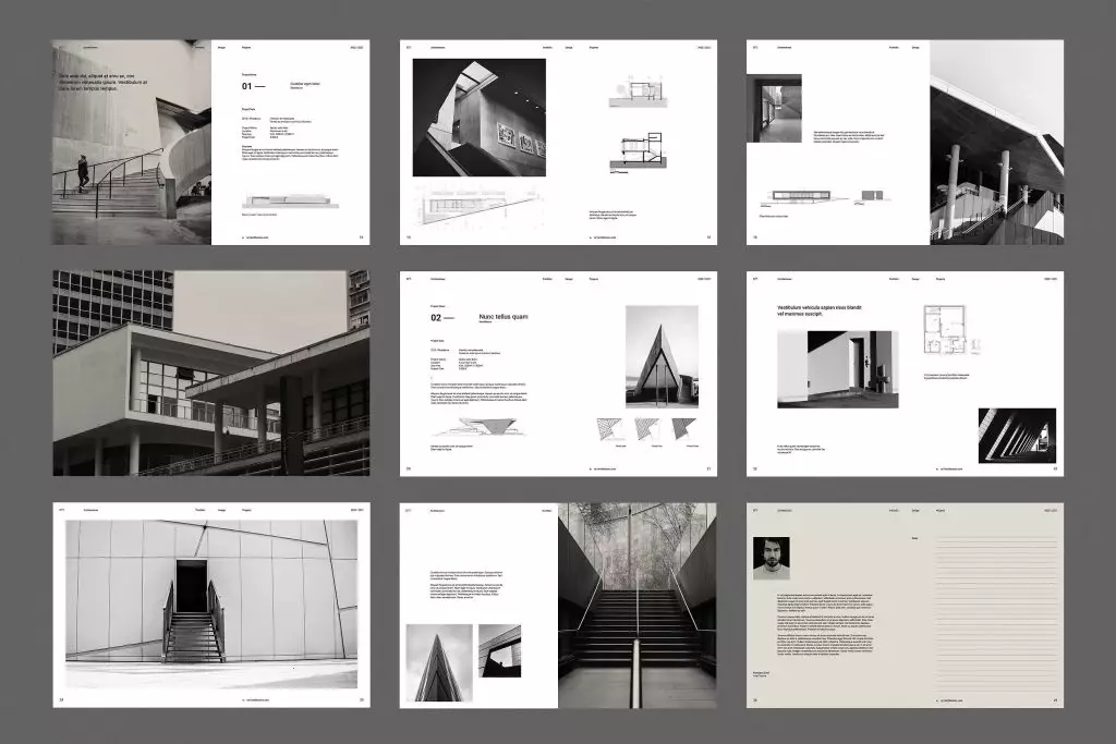 Nine rectangular images are arranged in a grid layout, showcasing a minimalist architecture portfolio.