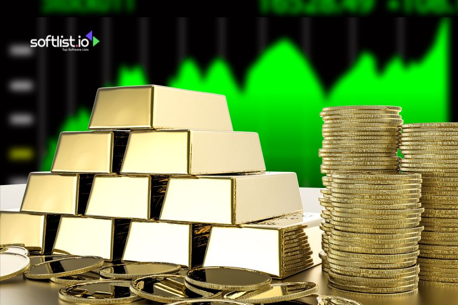 Stacked gold bars and coins with a green financial graph background