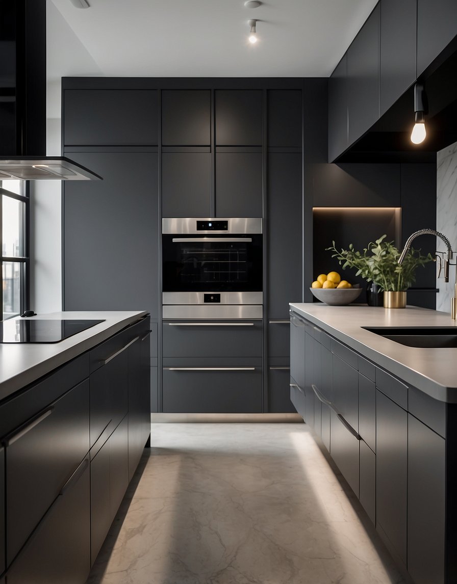 The sleek, dark gray kitchen cabinets stand tall and elegant in the modern kitchen, reflecting the light and adding a touch of sophistication to the space