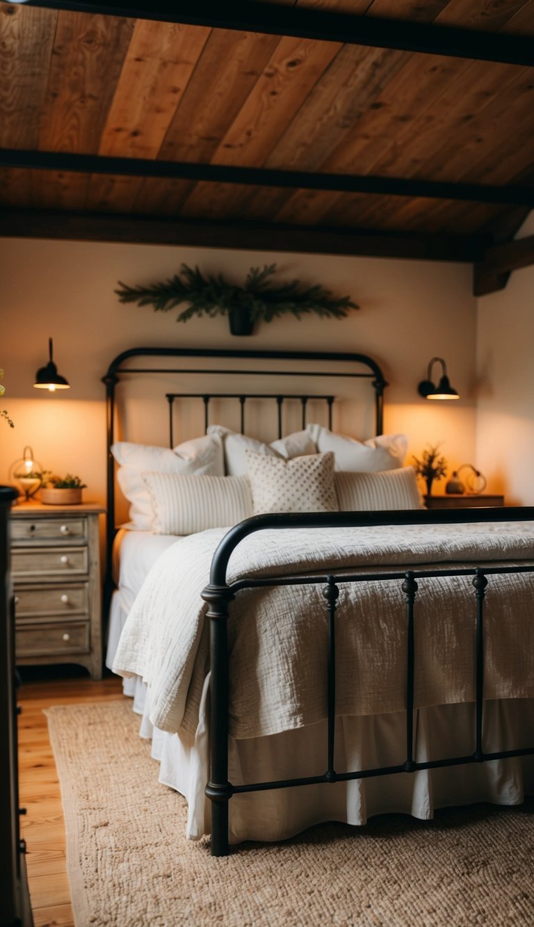 A cozy farmhouse bedroom with a vintage iron bed as the focal point, surrounded by rustic decor and warm lighting