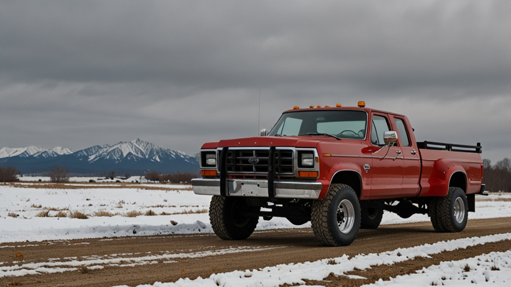 1987 Red Ford Lifted Dually Snow Truck Stake Bed