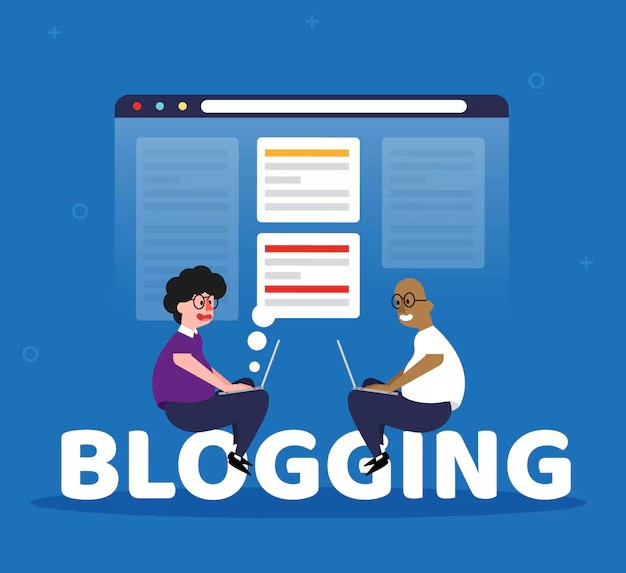 Graphic of 2 persons sitting on the word "blogging" and using their laptops