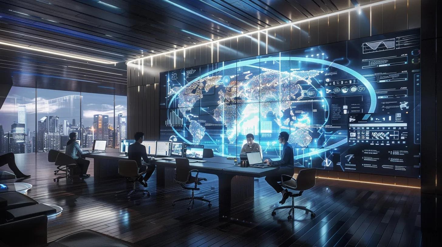 a sleek, modern office space features a large digital display showcasing dynamic web design trends, with a group of focused designers collaborating around a high-tech workstation, emphasizing innovation in ai-assisted accessibility and micro-frontend architecture.