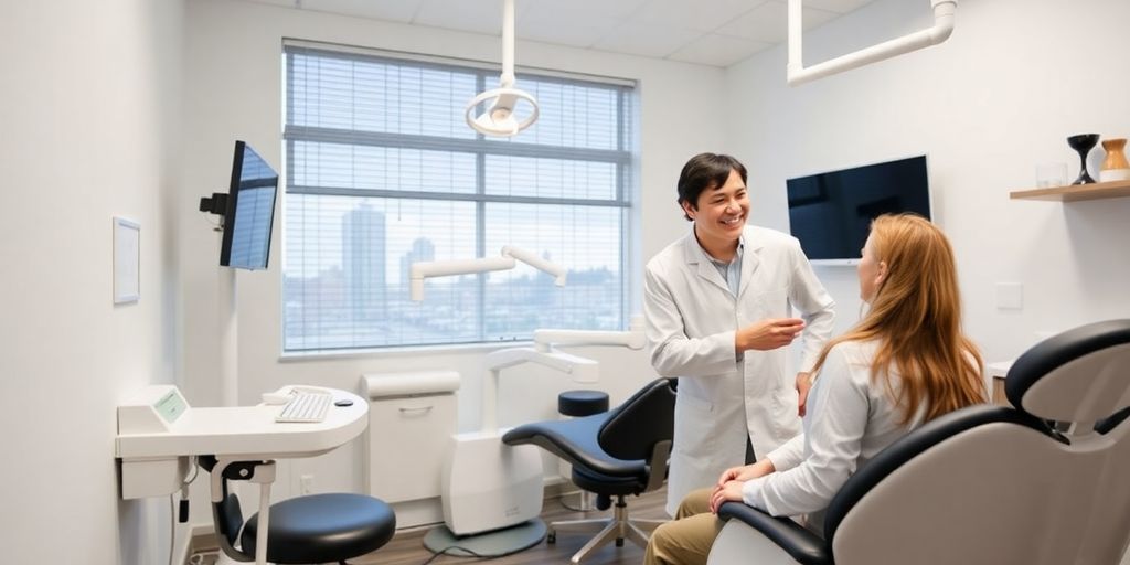 Happy dentist interacting with a patient in a clinic.