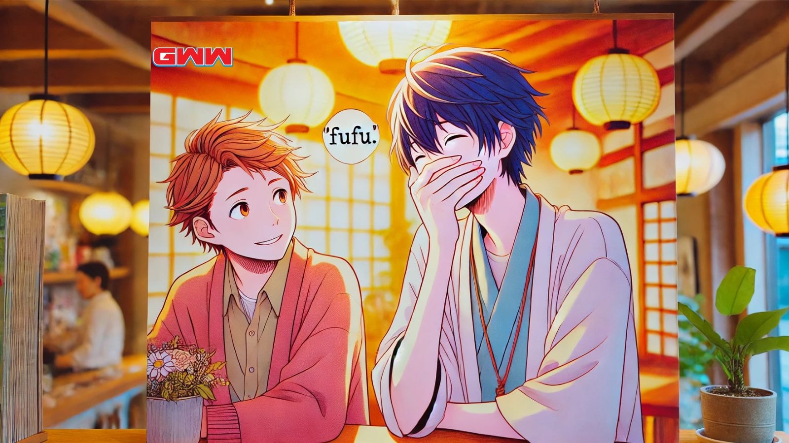 Two characters, one laughing and saying "fufu" in a warm Japanese setting