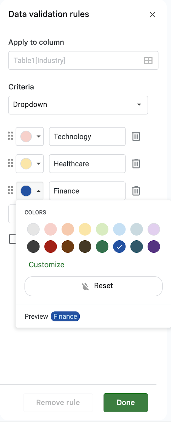 Data validation rules in Google Sheets