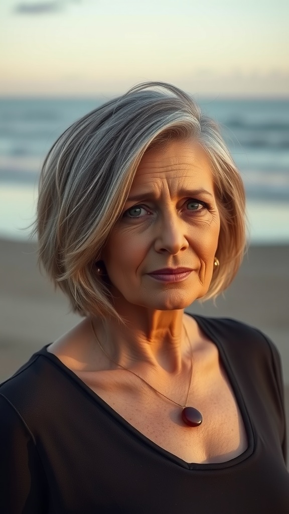 A woman with a timeless A-line haircut and subtle ombre hairstyle, standing on a beach at sunset.