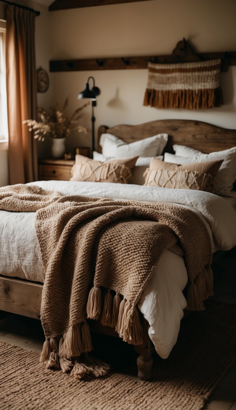 A cozy farmhouse bedroom with hand-knitted throws draped over a rustic bed, surrounded by vintage decor and warm, earthy tones