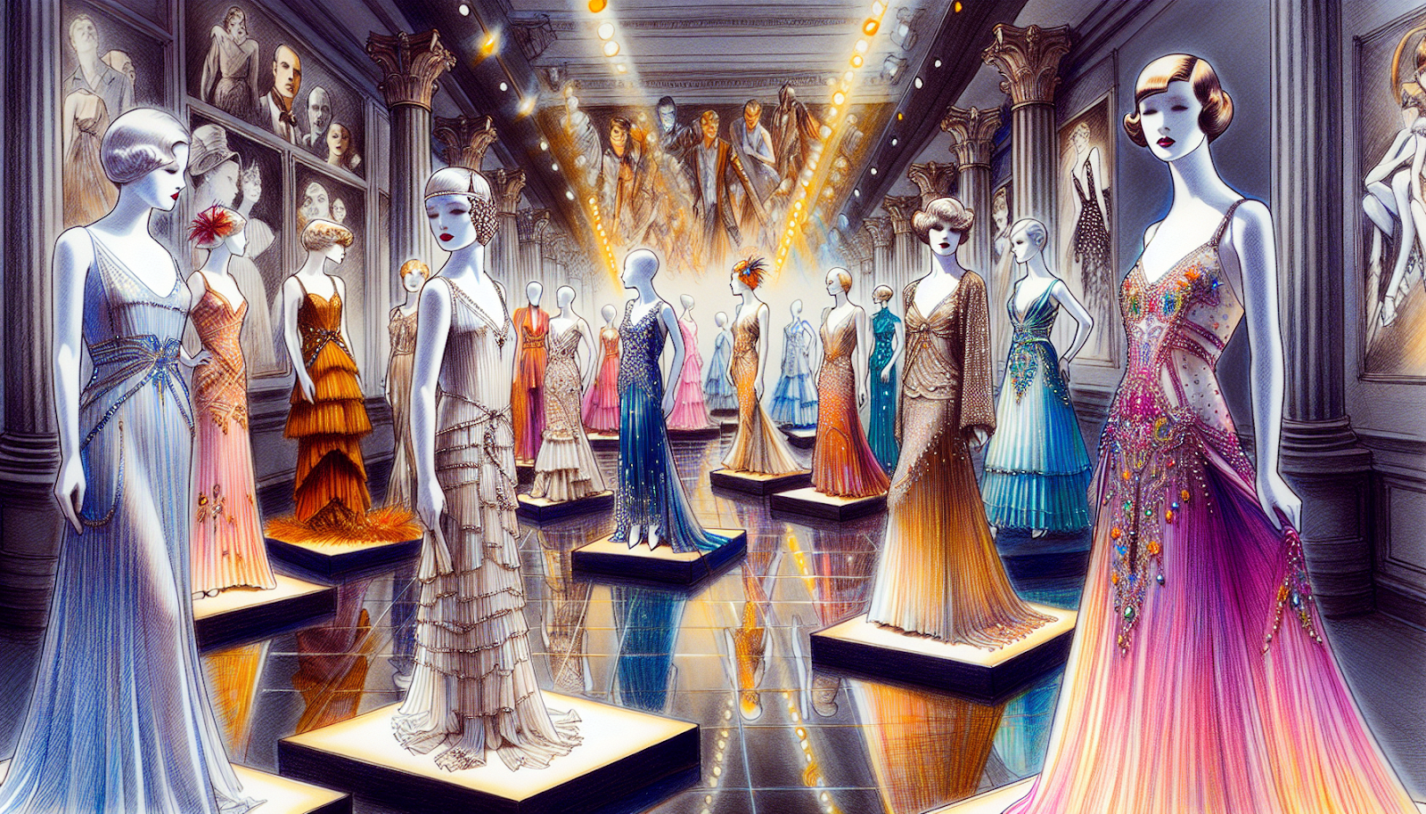 An illustration of detailed film costumes displayed in a museum-like setting.