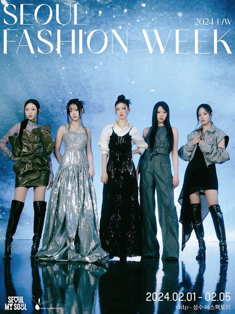 This contain  an image of advertisement for the seoul fashion week featuring four models in silver dresses and black boots