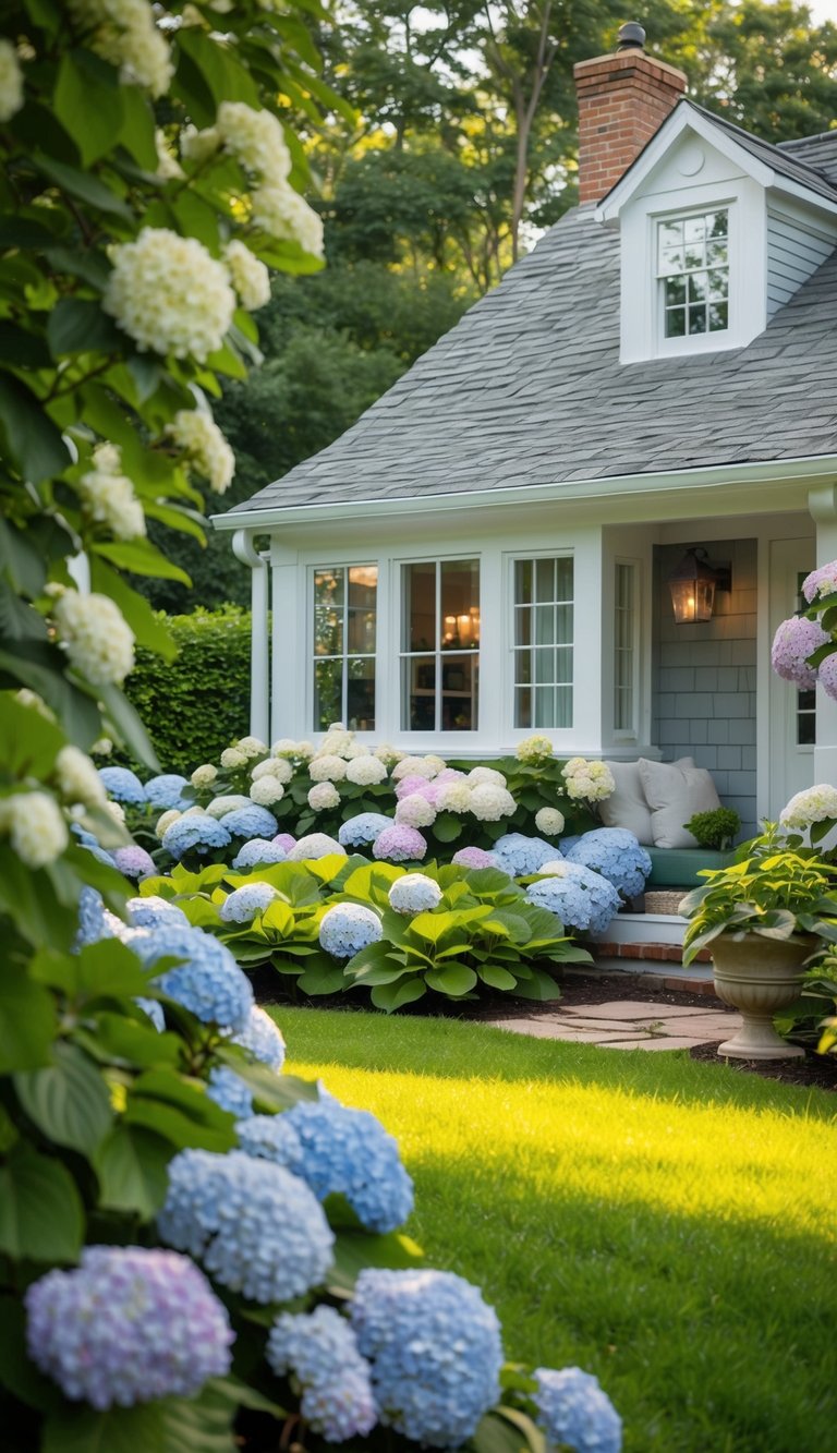 A cozy cottage surrounded by lush hydrangea landscaping, with a peaceful nook to enjoy the beautiful blooms