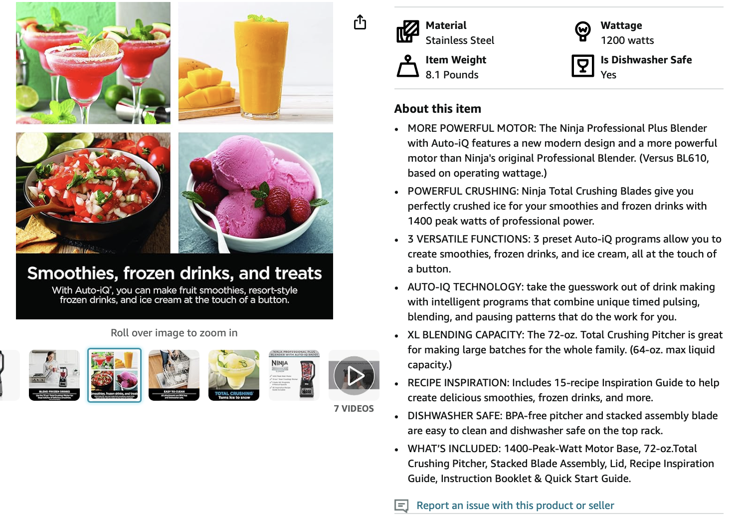 a screenshot of a user looking at different product description for a smoothie maker / blender 