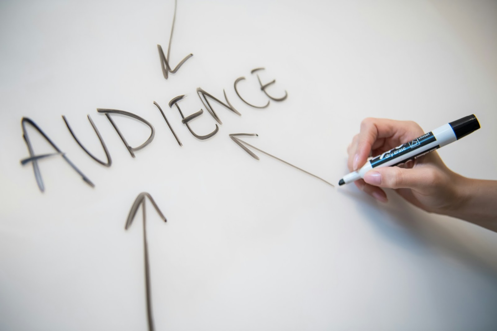 A person writing the word "Audience" on a white board