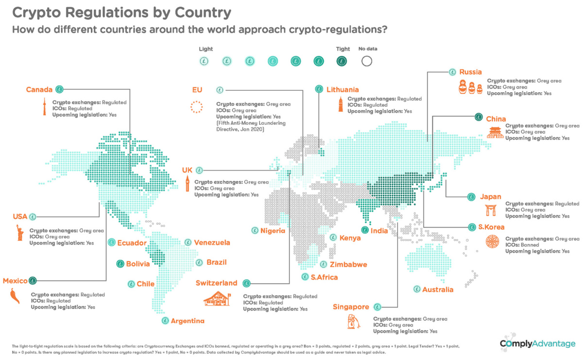 Global cryptocurrency regulations map