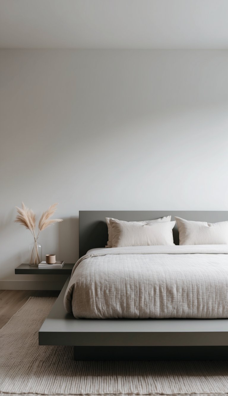 A platform bed with clean lines and neutral bedding in a simple, uncluttered bedroom