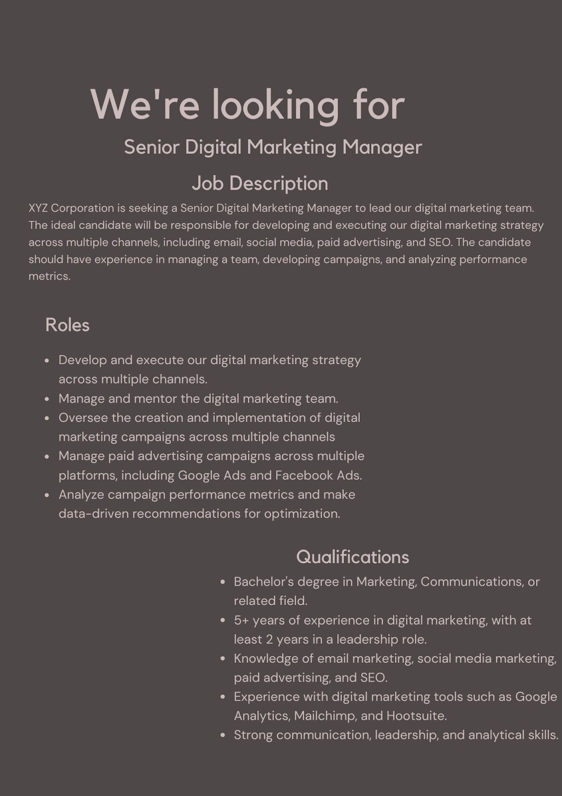 sample JD for digital marketing specialist