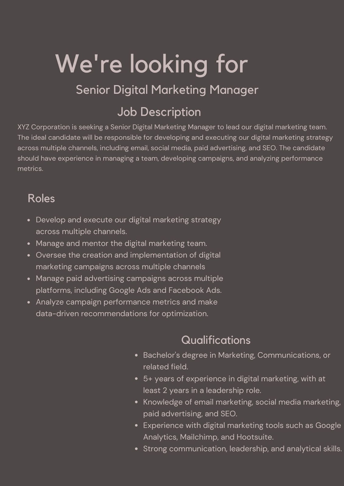 sample JD for digital marketing specialist