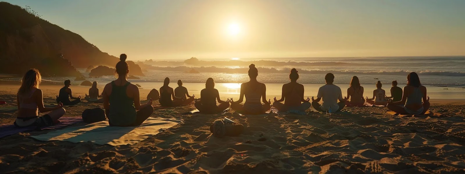 a serene, sunlit beach with a diverse group of people meditating and practicing yoga peacefully by the ocean.