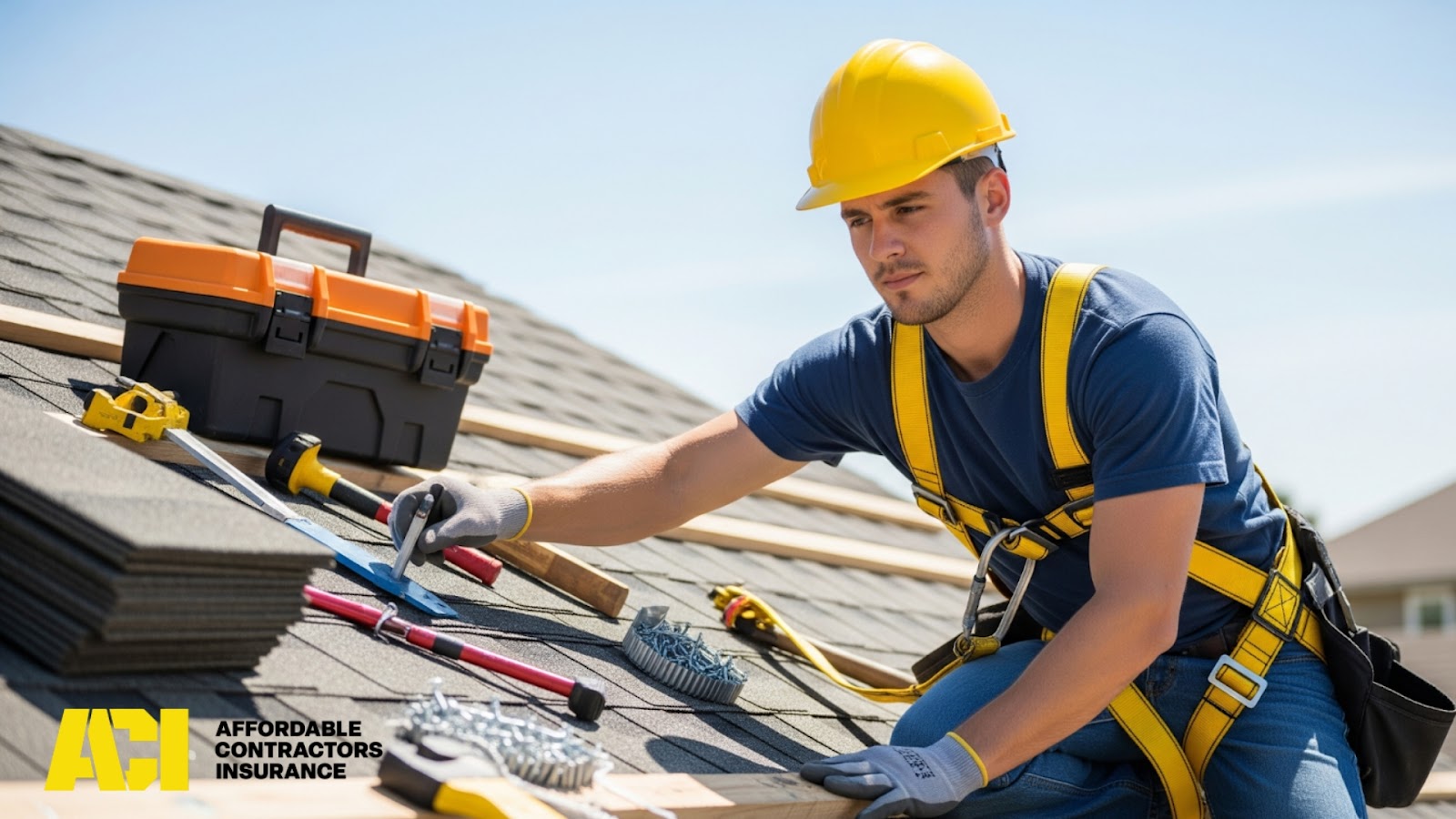 Roofing contractor working with tools on a residential roof under sunny sky
