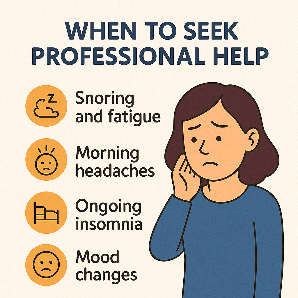 help for sleep apnea, with symptoms including snoring and fatigue, morning headaches, ongoing insomnia, and mood changes