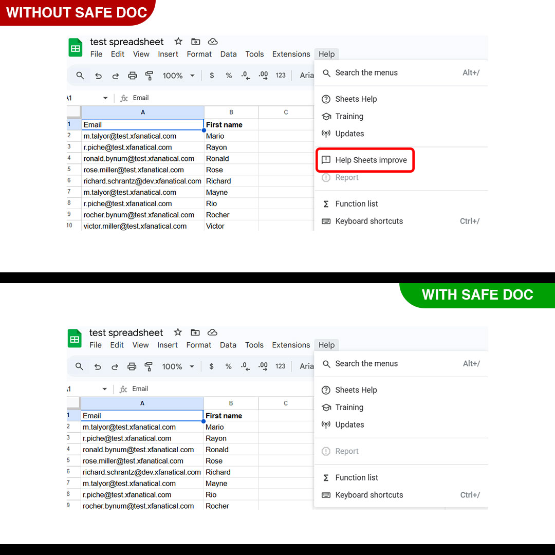 xFanatical Safe Doc removes the Help > Help Sheets improve menu in Google Sheets

