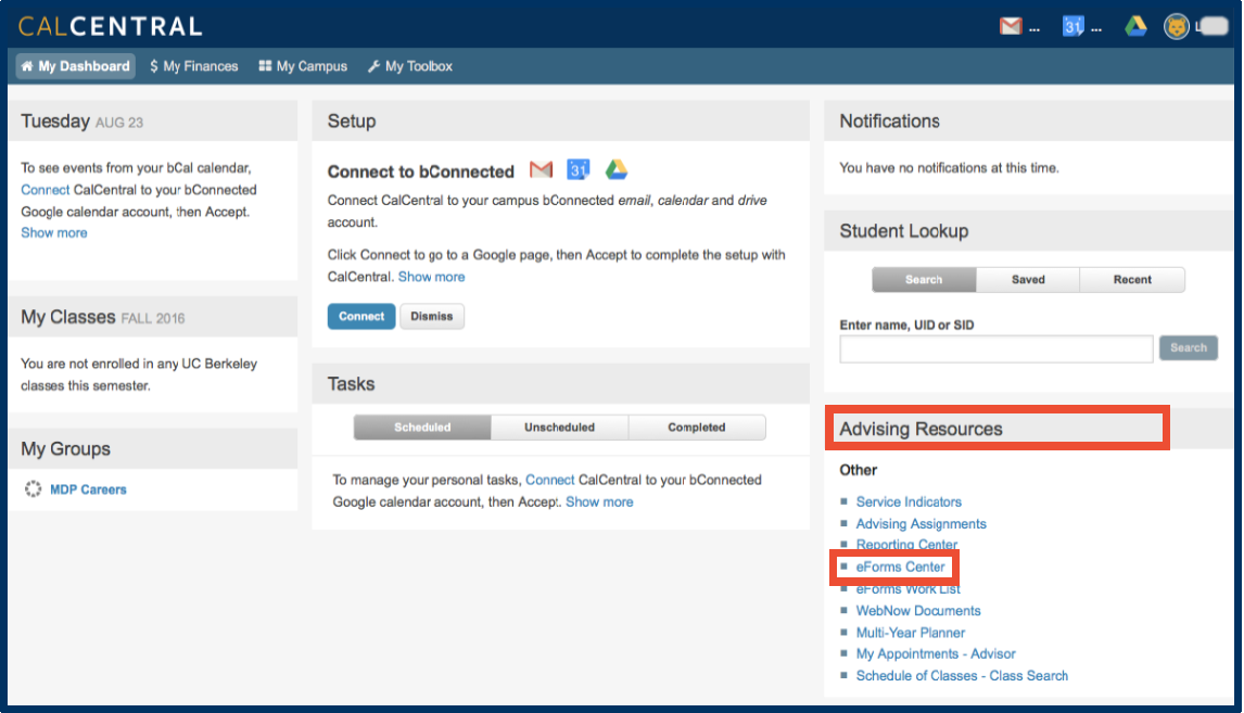 eForms Center link under Advising Resources in CalCentral dashboard page, emphasized with red box highlight.