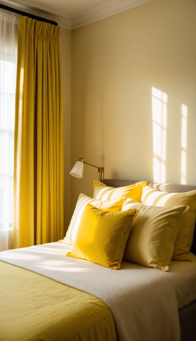 A cozy bedroom with pale yellow walls, adorned with banana yellow sheets and a matching throw pillow. Sunlight filters in through the curtains, casting a warm glow over the room