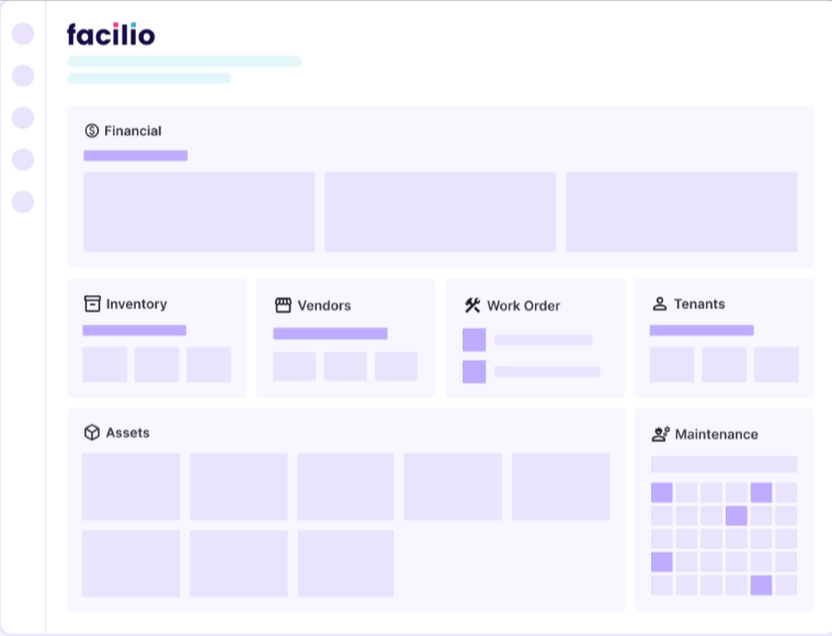 The Facilio dashboard shows various modules for managing different aspects of a facility.