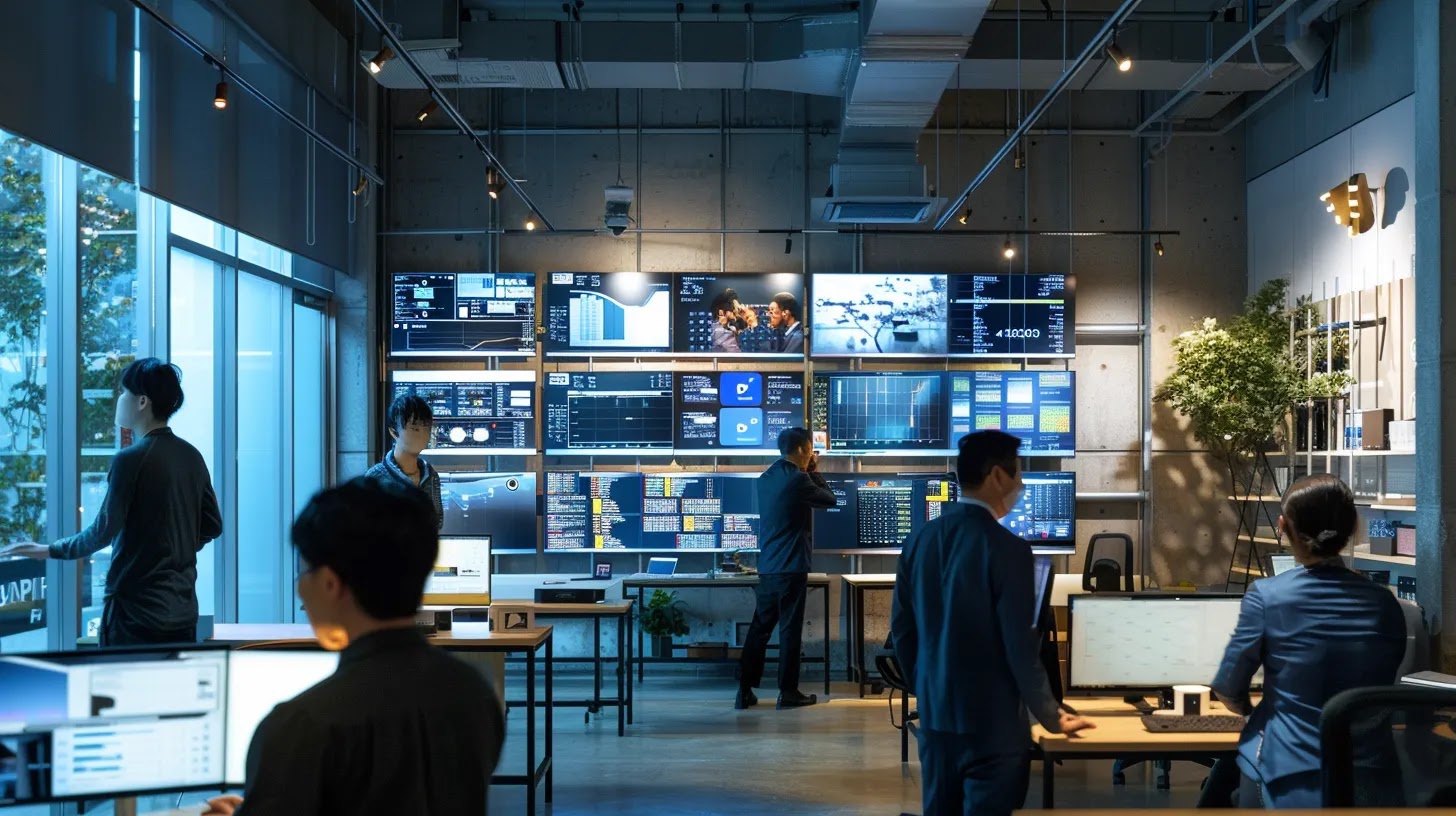 a sleek, modern office filled with diverse professionals interacting with advanced crm software on multiple screens, showcasing dynamic ai features that enhance customer experiences and drive sales efficiency.