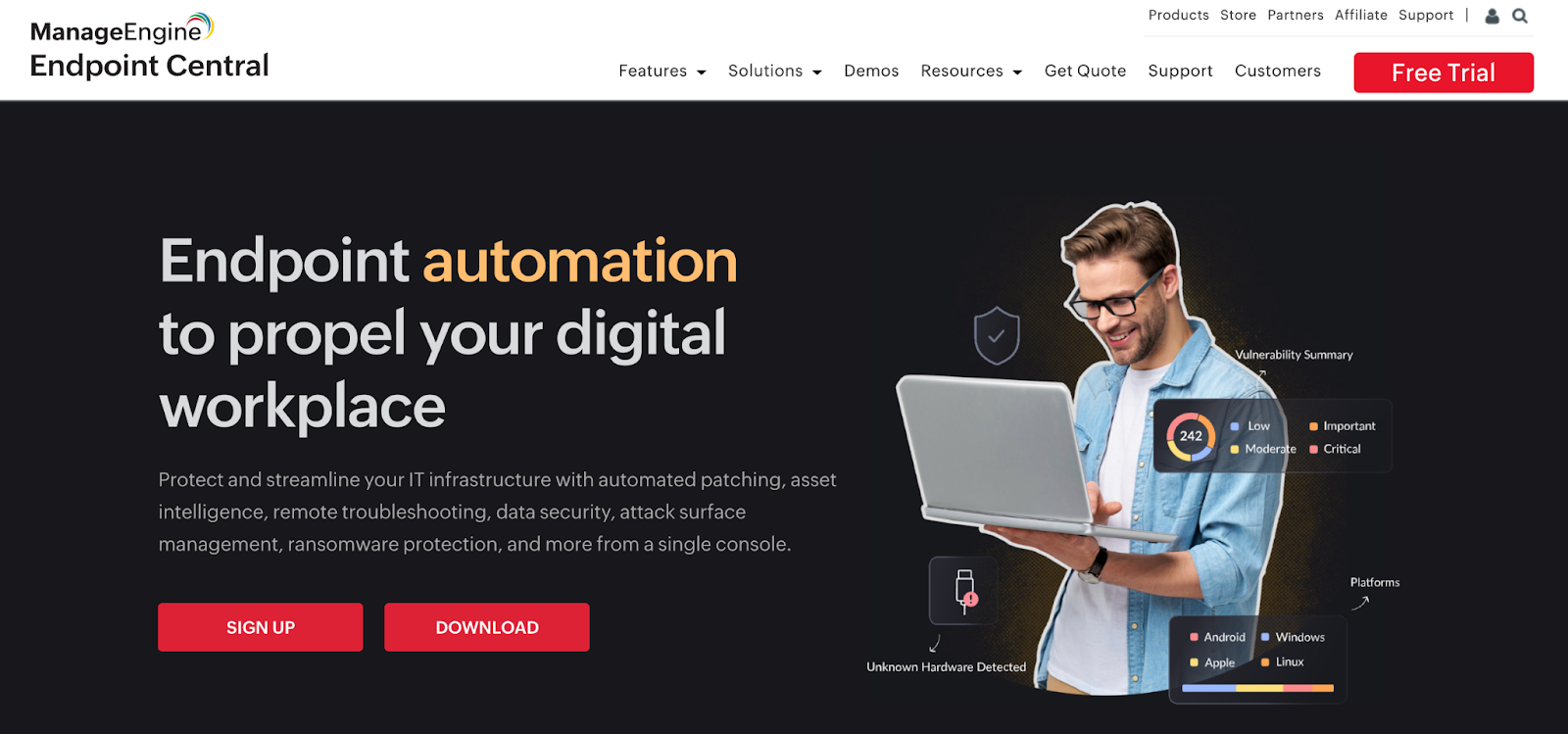 ManageEngine homepage picture. It says, "Endpoint automation to propel your digital workplace."