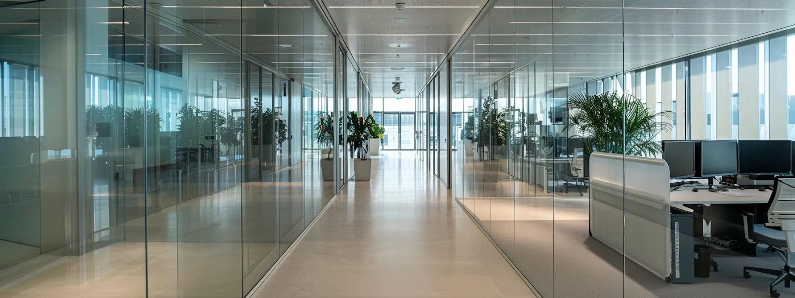 Modern office corridor with glass walls, green plants, and workstations, illustrating a secure and efficient workspace environment for CK Fencing Contractors.