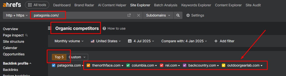 Competitor analysis on Patagonia.com in Ahrefs