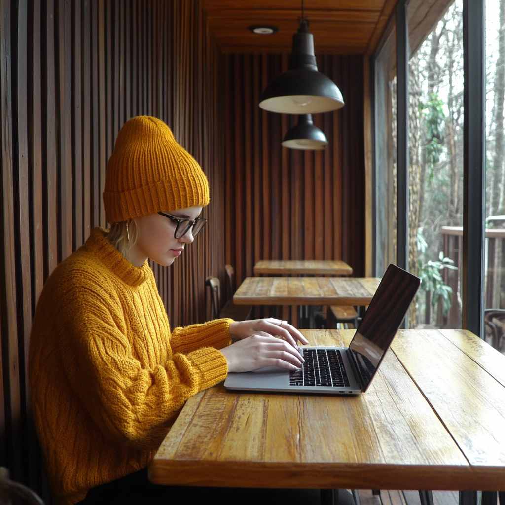 Freelancer working on a project from a local café, highlighting flexible hiring options.