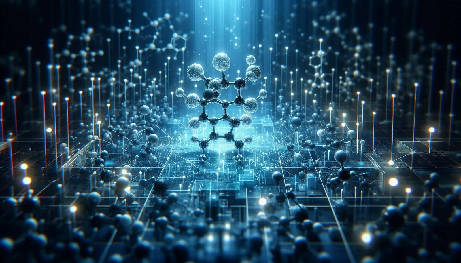 Diagram of how quantum computing accelerates drug discovery, with molecular structures and research processes.