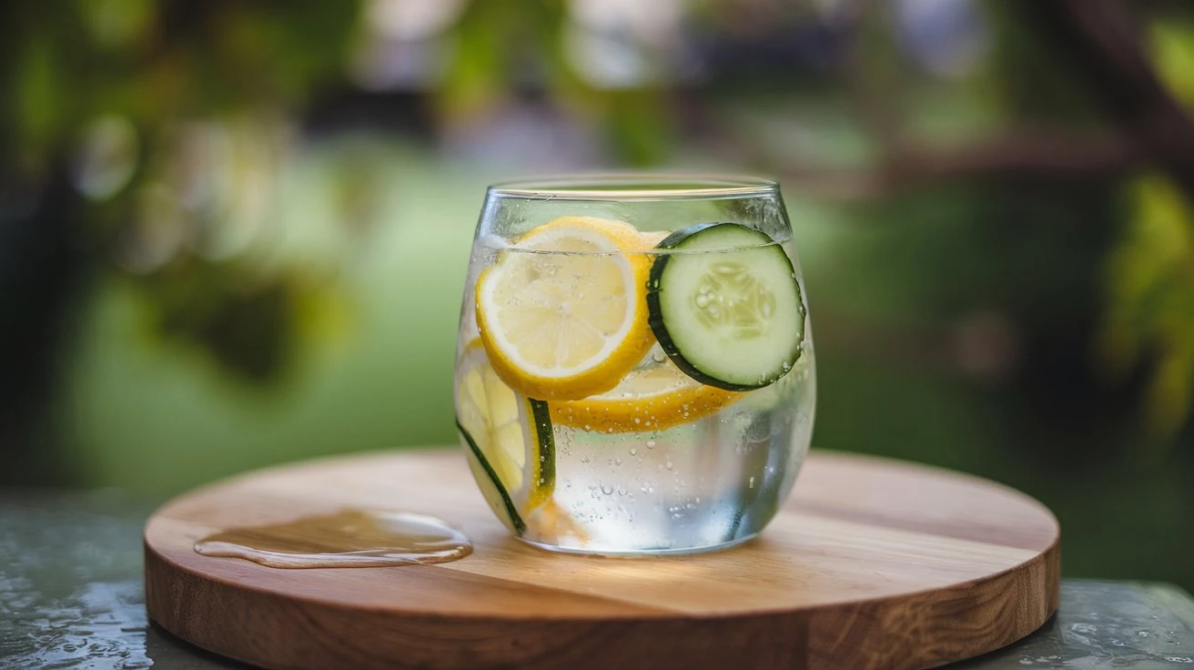 Refreshing glass of water with lemon and cucumber slices, emphasizing hydration.