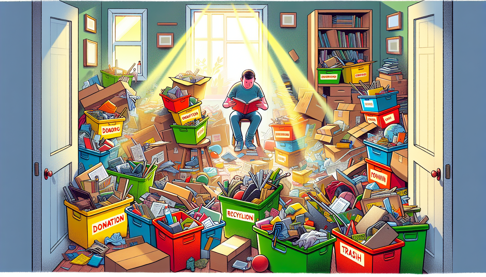 An illustration depicting a cluttered room being decluttered with boxes and items being sorted.