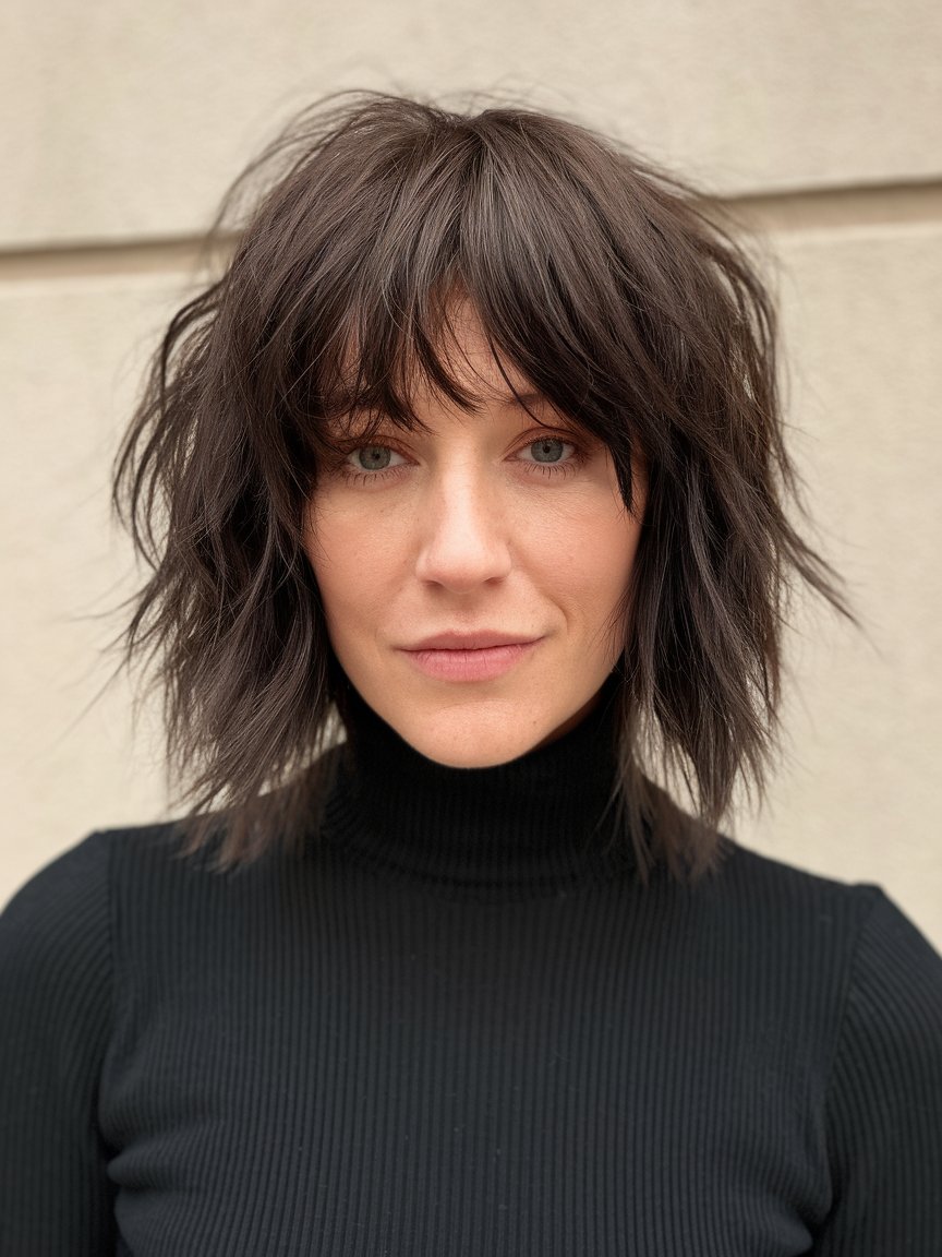 52. Edgy Shaggy Cut with Blunt Bangs