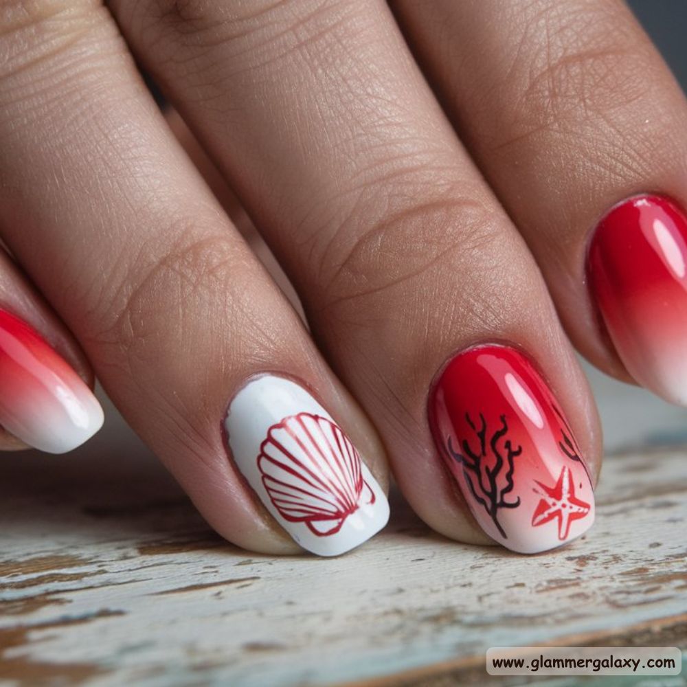 Red Summer Nails having Ocean-Inspired Shells