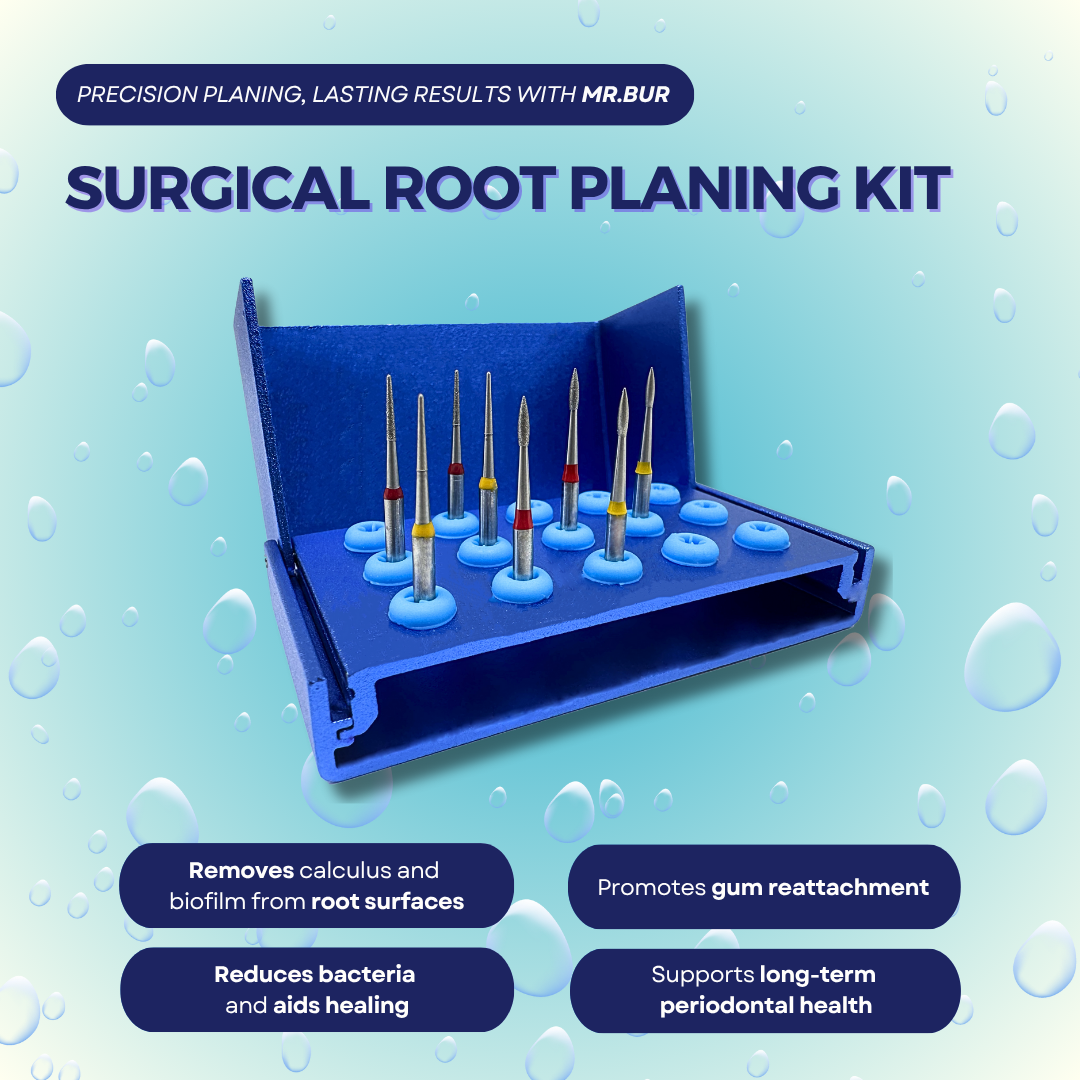 Mr. Bur Surgical Root Planing Kit for deep root detoxification, furcation debridement, and periodontal maintenance, designed for minimal trauma and enhanced healing.