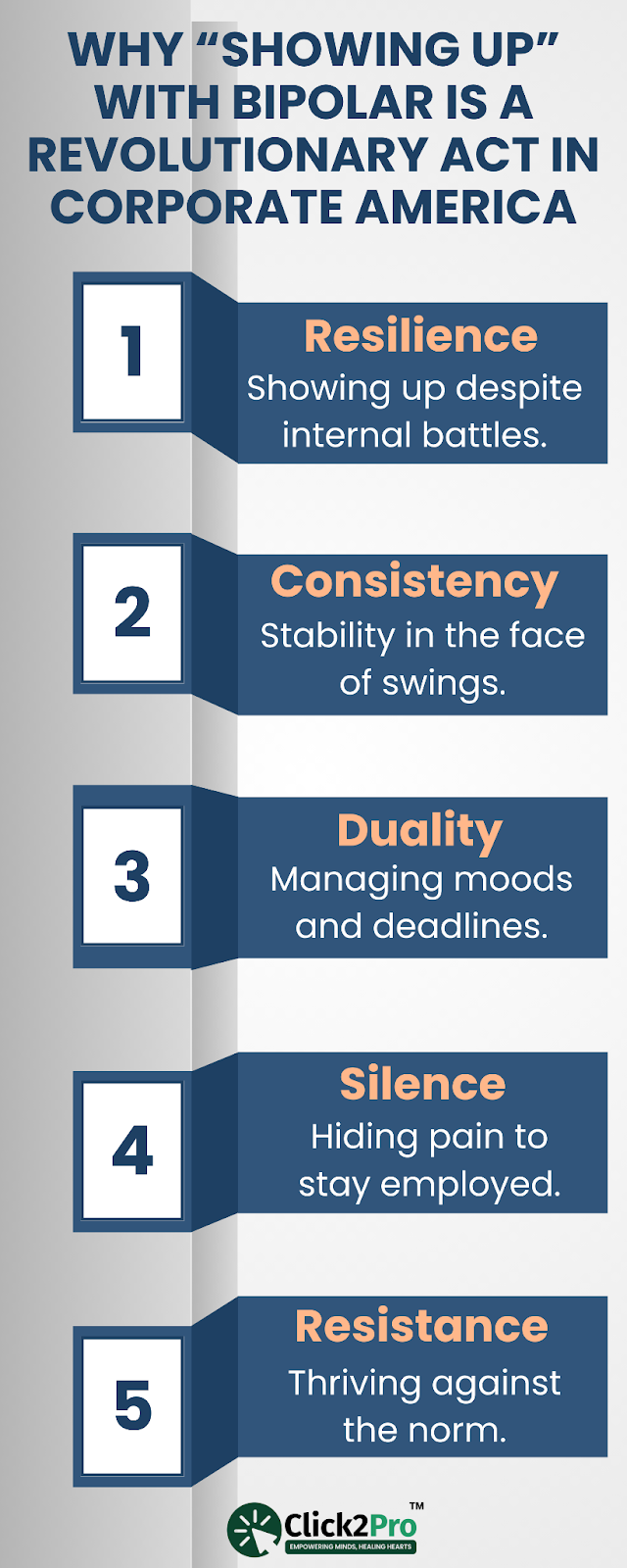 Infographic showing 5 reasons why showing up with bipolar is revolutionary in U.S. workplaces.