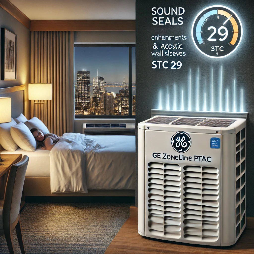 Quiet hotel room with GE Zoneline PTAC, acoustic sleeves, and a sound meter displaying low dBA level for guest comfort