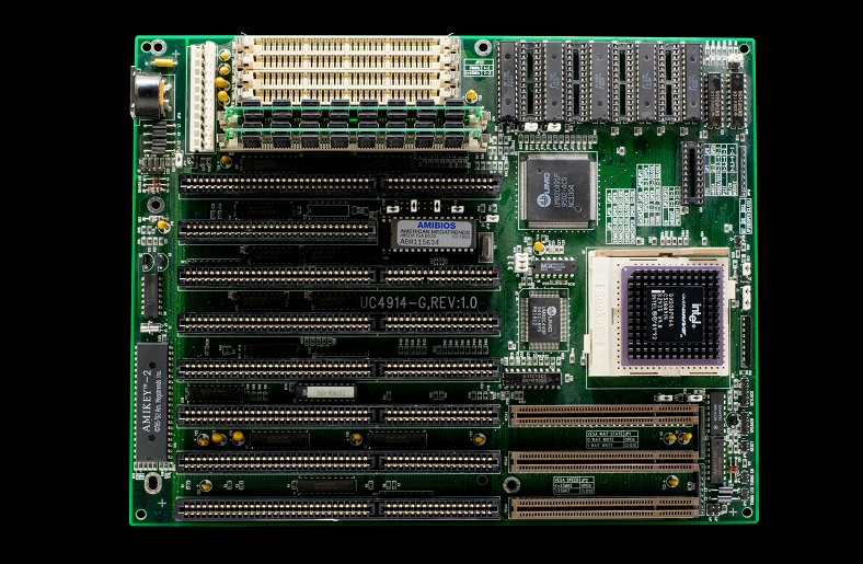 A vintage computer motherboard.






