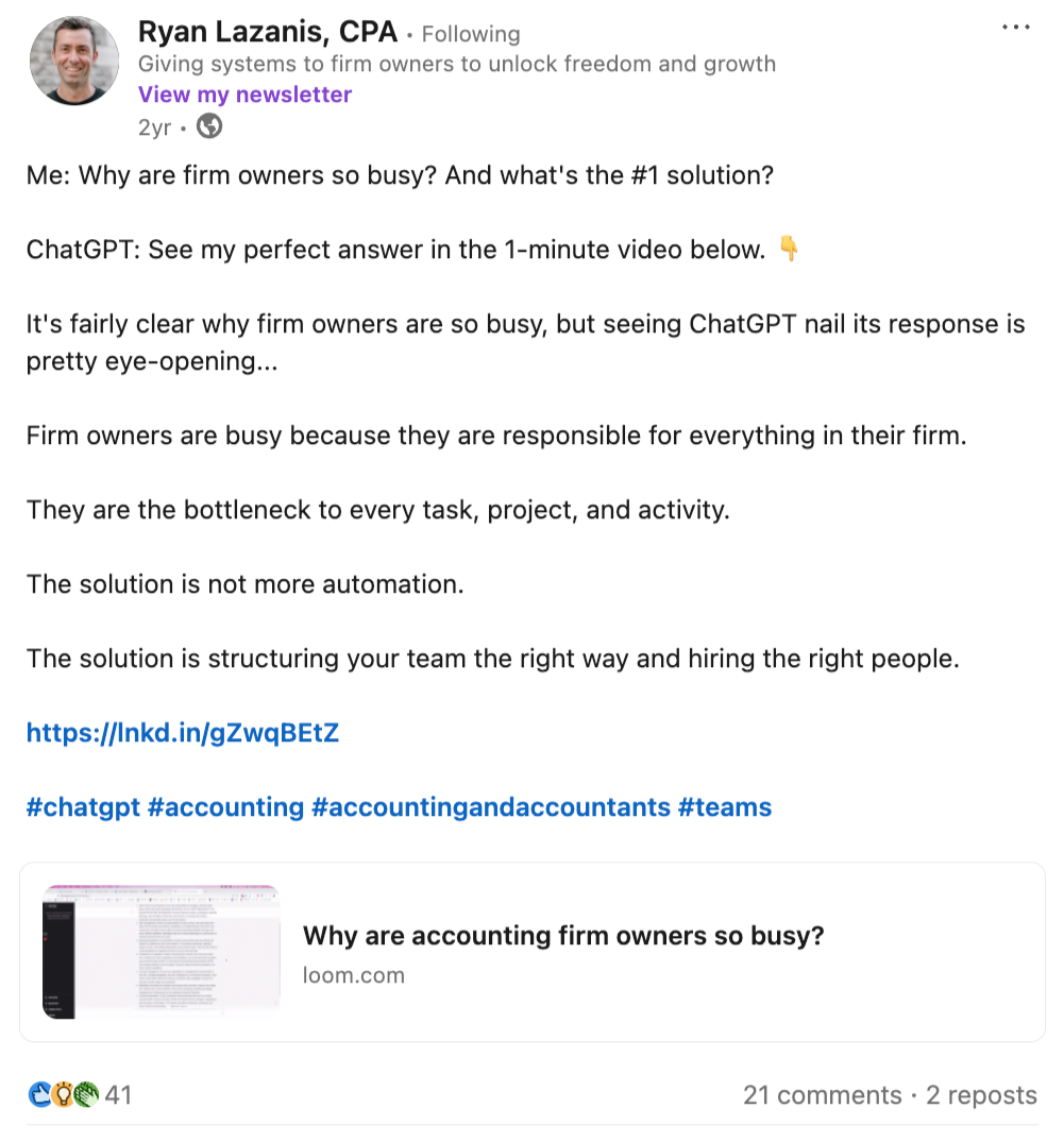 A post by Ryan Lazanis on LinkedIn on the reason why firm owners are so busy
