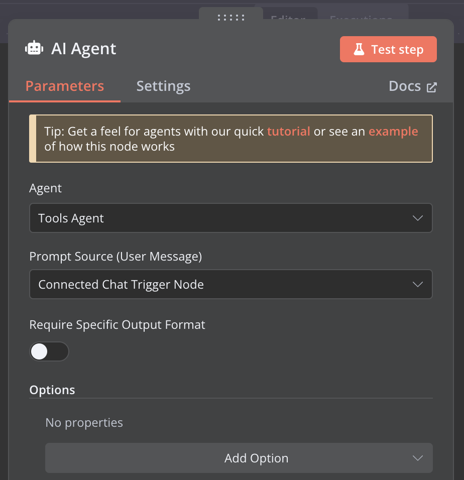 Step 2: Connect chat trigger to an AI agent node